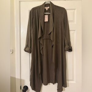 Philosophy olive faux leather Open Front duster Cardigan with drawstring size L